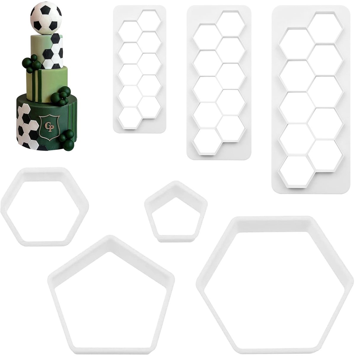 Dailygoods - CONNECTION 7 stuks voetbaluitsteekvormpjes set voetbal uitsteekvormen fondant 7 maten uitsteekvormpjes voetbal taart zeshoekige koekjessnijders voor doe-het-zelf taartdecoratie dessert decoreren (wit)