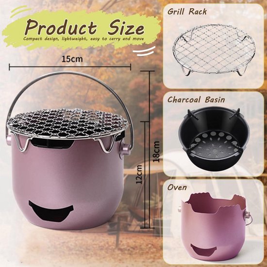 Draagbare houtskoolgrill - Mini roestvrijstalen houtskoolgrill - Paars - Kleine buitengrill - Mini houtskoolgrill - 2-in-1 buitengrill voor kamperen - Geschikt voor kamperen, barbecueën in de achtertuin, camper, picknicks van Merkloos — afbeelding 5