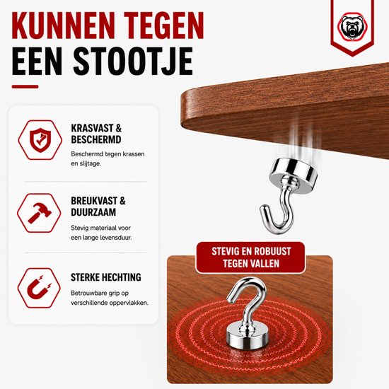 Krasbestendige, breukvaste en duurzame magnetische haken met sterke hechting op diverse oppervlakken.