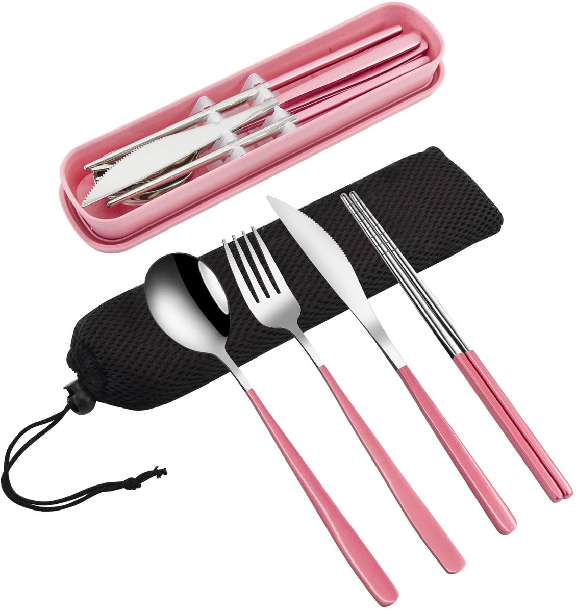 Dailygoods - VANRA 4-delig draagbaar reisbestek met opbergkoffer, roestvrij staal herbruikbaar bestekset met vork, lepel, mes, eetstokjes voor reizen, school, werk, picknick (Roze)