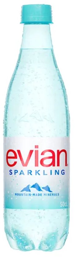 Bouteille Evian Sparkling avec bouchon bleu et étiquette avec montagnes, 50 cl.