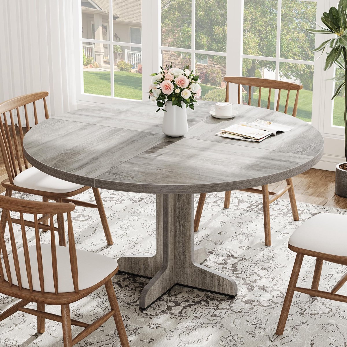 Eettafel Rond - 120x120x76cm - Stevig Onderstel - Keukentafel geschikt - voor 4 tot 6 Personen - voor Eetkamer of Woonkamer - Grijs