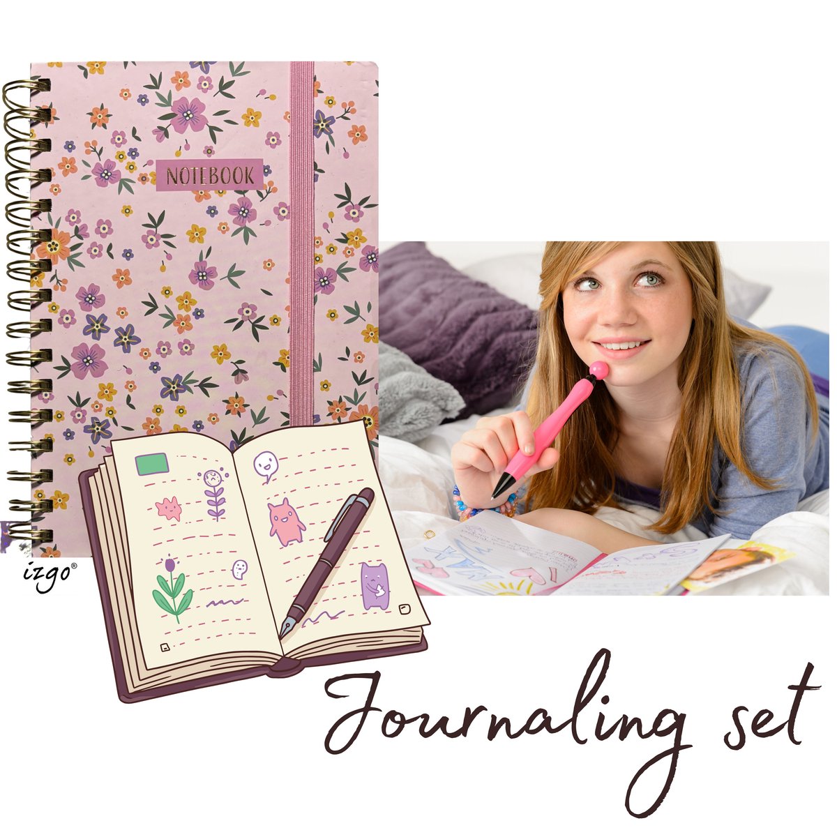 IZGO Journaling set - Dagboek - Notitieboek - Notebook A5 - Stickers - Bullet Journal - Pink with flowers