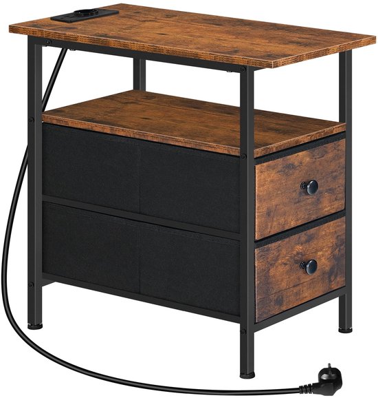 Houten bijzettafel met metalen frame, 2 zwarte stoffen lades en 2 houten laden. Afmetingen: 48 x 30 x 60 cm.