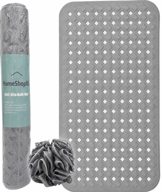 Tapis de bain antidérapant gris, roulé et déroulé, avec éponge grise.