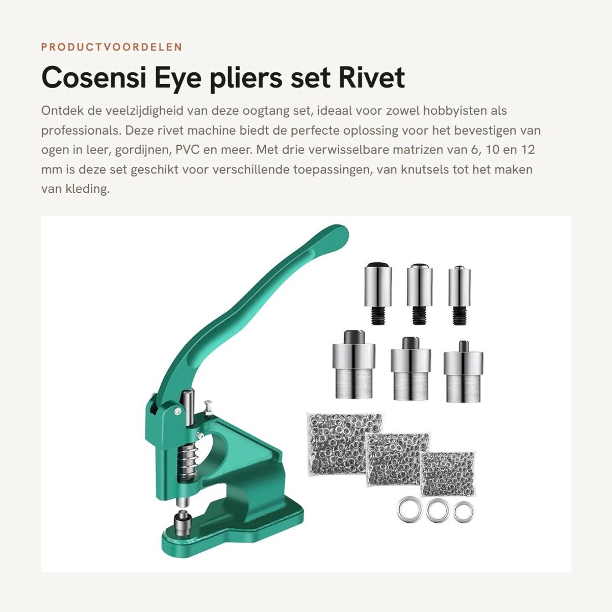 Dailygoods- Rivetmachine Professionele Set - 3 Matrizes 6/10/12 mm - Voor Leer/Crafts - Extra Lange Handgreep - Gemakkelijk Te Plaatsen - Schokbestendig - Ogenpers