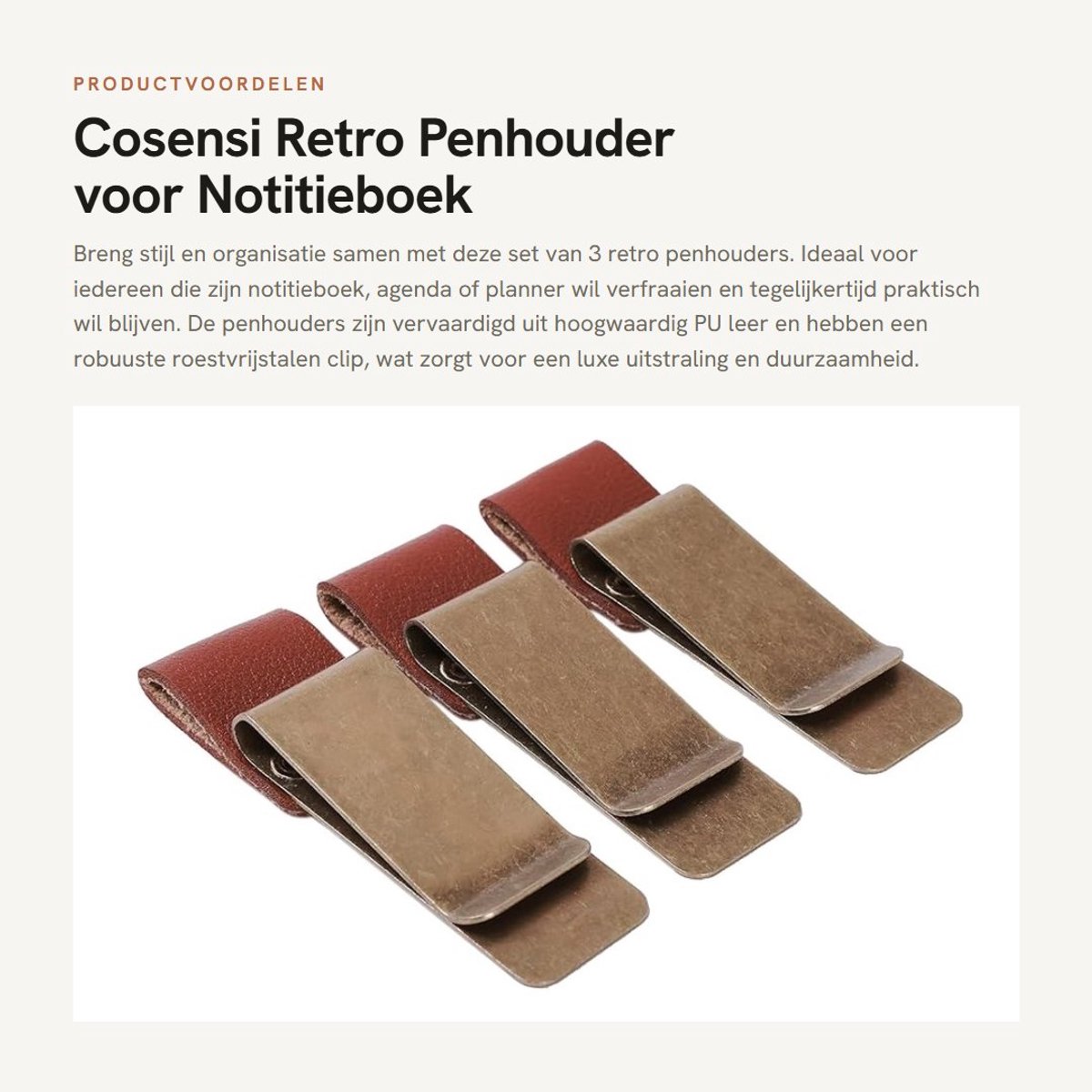 Dailygoody - Retro Penhouder voor Notitieboek - Set van 3 - Elegante Organizer - 5,5 cm - PU Leer met Roestvrijstalen Clip - Geschikt voor Agenda
