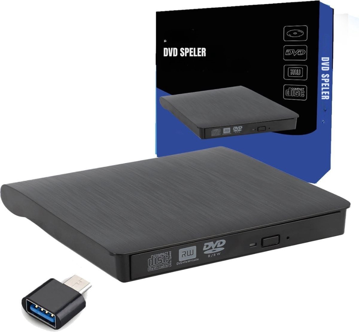 QORA® Externe DVD Speler voor Laptop - Externe DVD Speler - DVD Speler - Zwart - 14cm x 14cm x 2cm