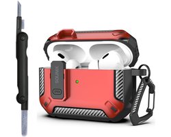 Sounix Hoesje geschikt voor Airpods Pro 1 / 2 - Met schoonmaak borstel - Airpods Pro Hoesje - Armor Case met Lock - Rood