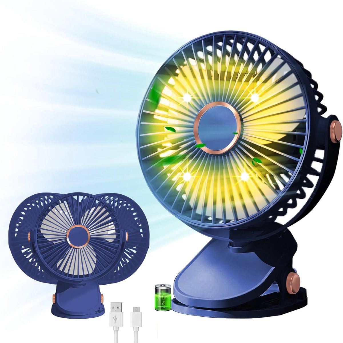 YAGXIG USB-bureauventilator - Clipventilator - 5 windsnelheden - 360° draaibaar - Draagbare mini-USB-bureauventilator - Met oplaadbare batterij - Geschikt voor thuis, slaapkamer en kamperen - Blauw