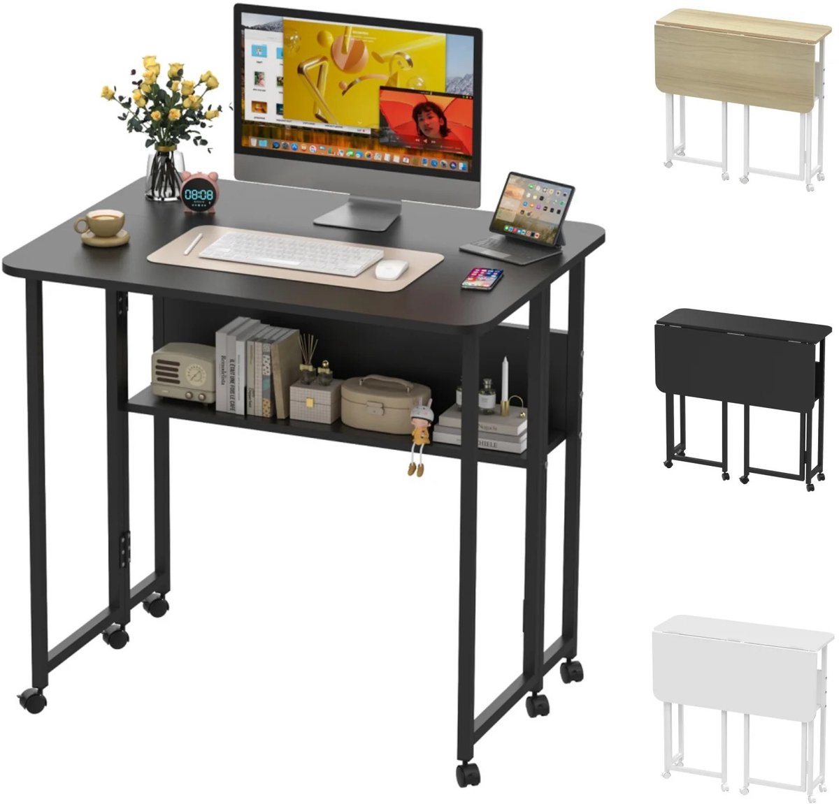 Dailygoods Klaptafel, opvouwbaar bureau, computerbureau met wielen, met plank, kleine tafel voor thuiskantoor, opvouwbar