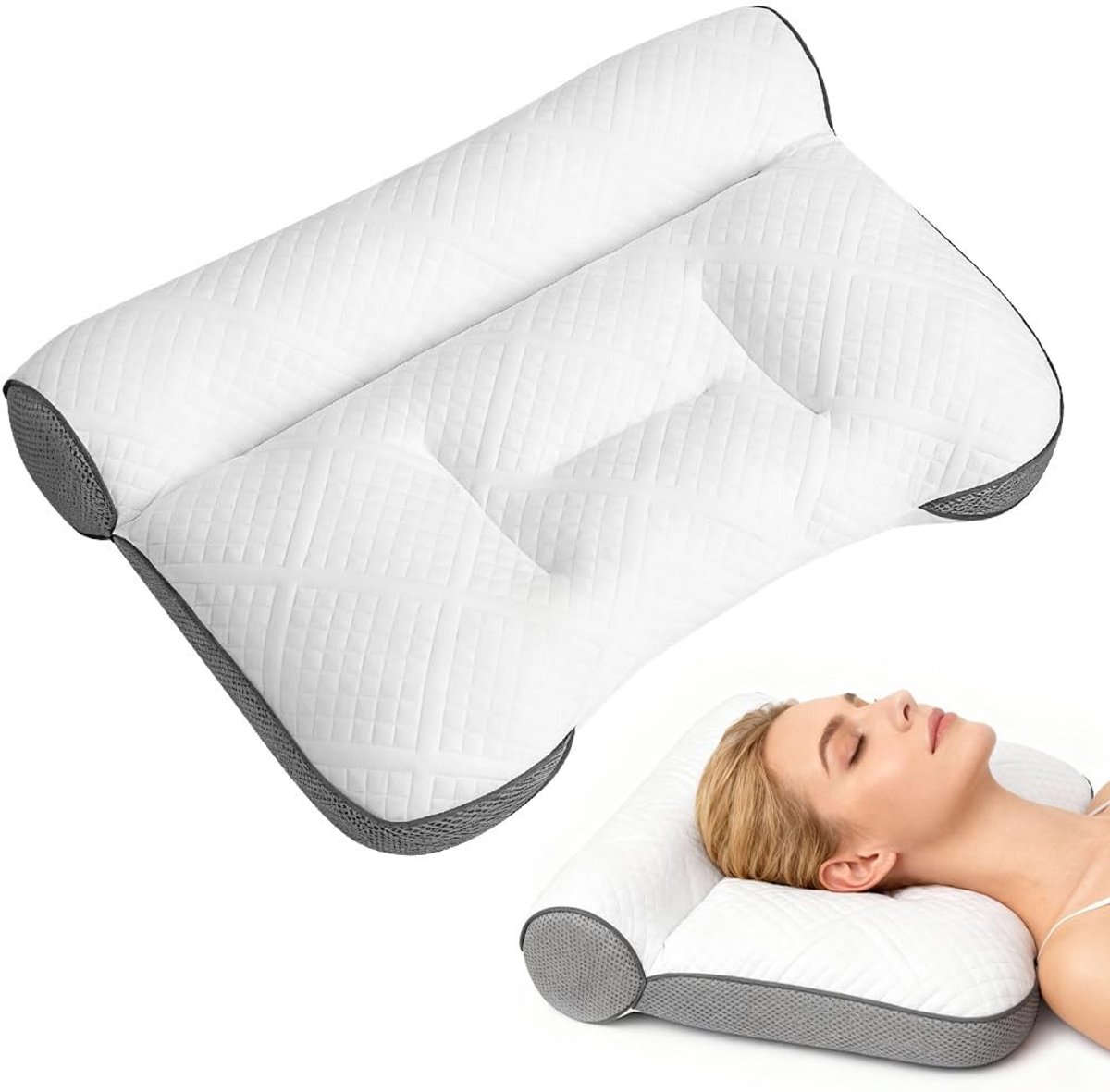 Dailygoods - Orthopedisch slaapapneukussen met oorsleuf, anti-snurkkussen van traagschuim, neksteunkussen voor zijslapers, rug- en buikslapers, ademend en wasbaar