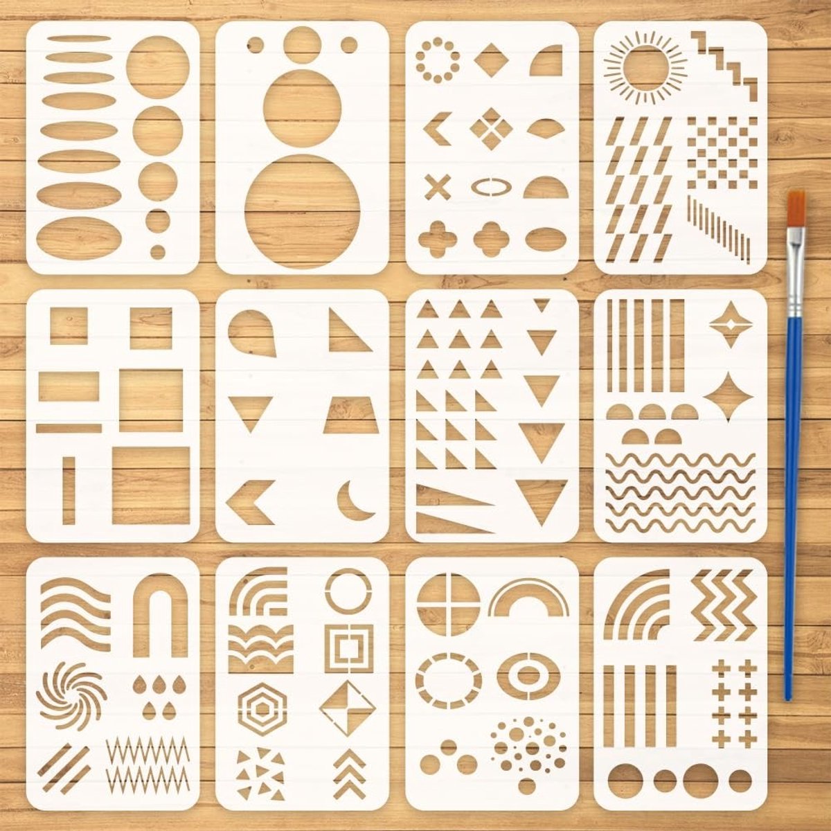 Dailygoods - 12-Delige Set Geometrische Vorm Sjablonen met Verfkwast - Voor Schilderen en Creatieve Projecten