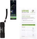 Zwarte Ecodor EcoLight UV zaklamp met polsbandje, de verpakking en de gebruikershandleiding. Handleiding toont hoe de lamp werkt en werkt op 3x AAA batterijen.