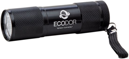 Zwarte Ecodor EcoLight UV zaklamp met polsbandje, met de tekst 'REFRESH YOUR WORLD'.