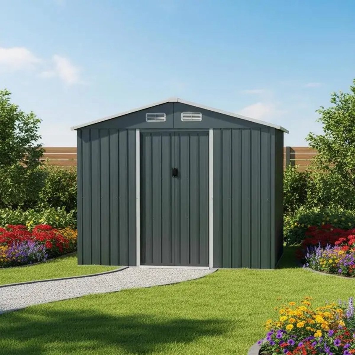 Dailygoods Metal gereedschapsschuur met zadeldak & schuifdeuren, tuinhuis, fietsenberging, tuinschuur