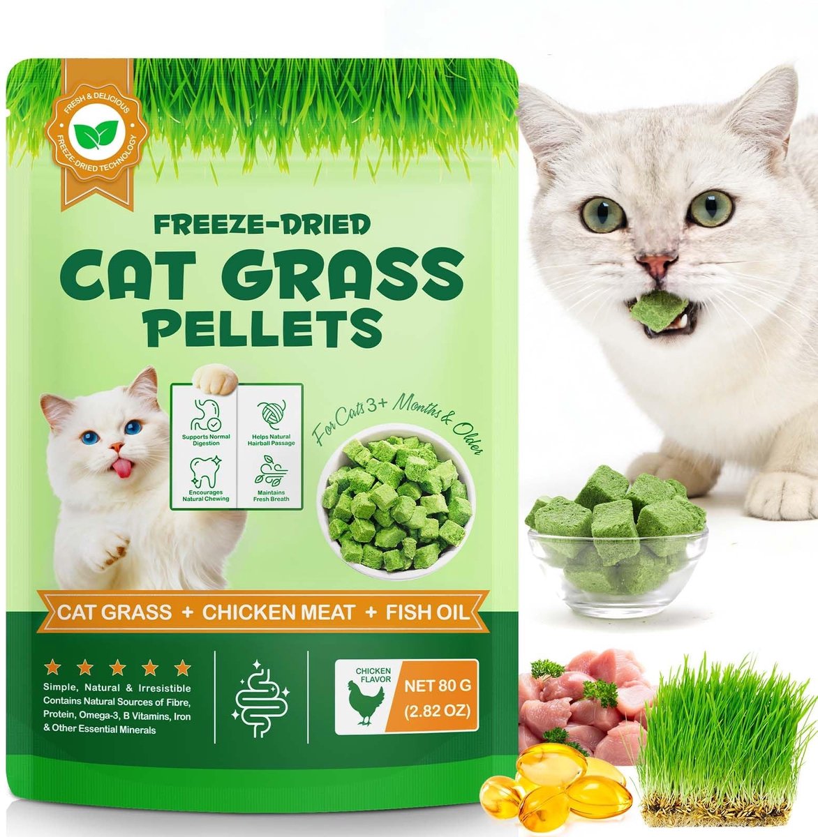 Dailygoods- Kattengraspelllets 80 g - Natuurlijke Snack - Rijk aan Eiwitten/Vezels - Voor Gezonde Spijsvertering - Glanzende Vacht - Met Kip/Lever/Hart - Kattenvoer