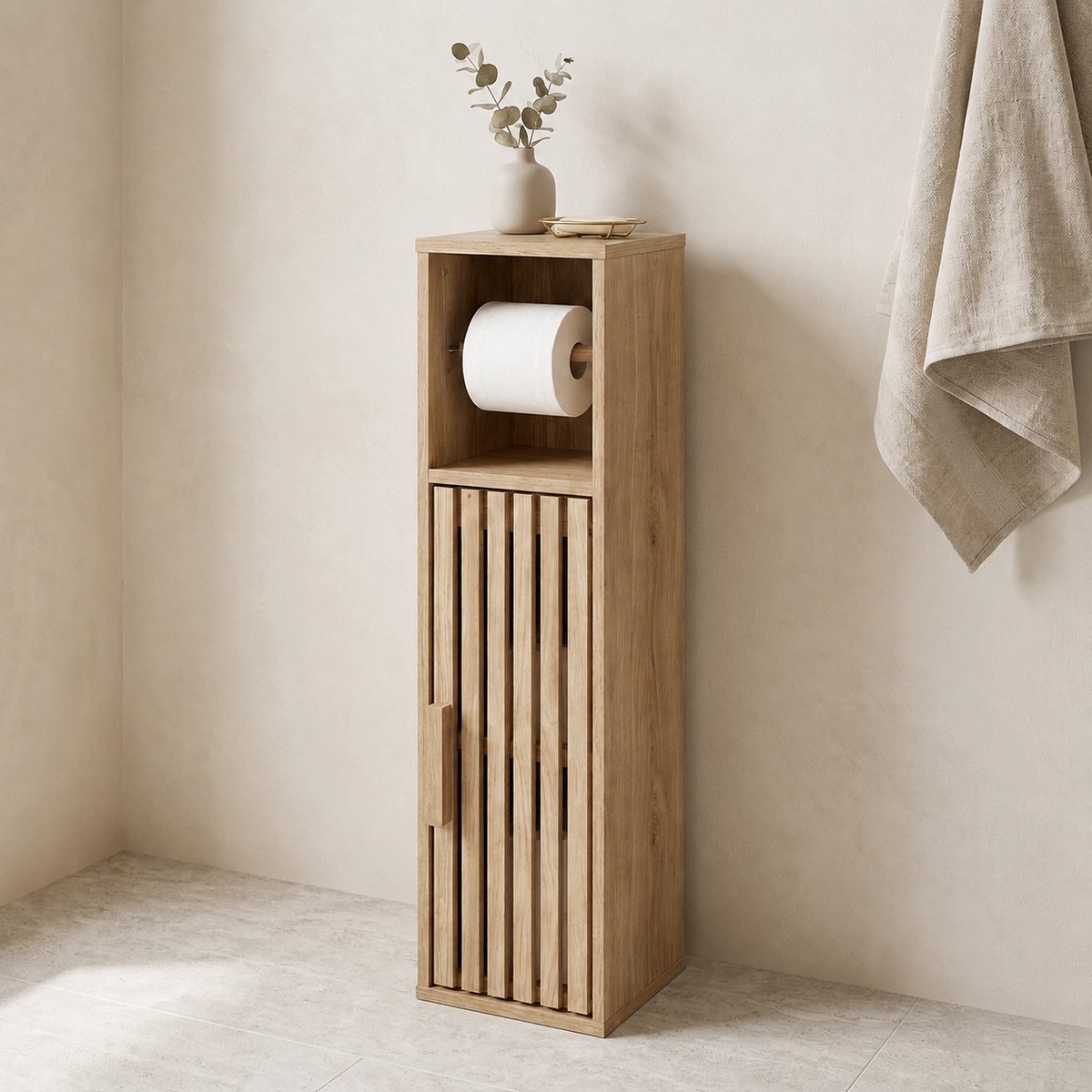 By Viento Toiletrolhouder Kast – Vrijstaand WC Kastje – Houtlook – WC Rolhouder met Opbergruimte – 20 x 19 x 78 cm