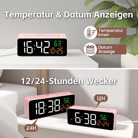 Digitale Wekker - Nachttafelwekker - Wakker Worden - Temperatuur Datum - 15 cm - Roze — afbeelding 5