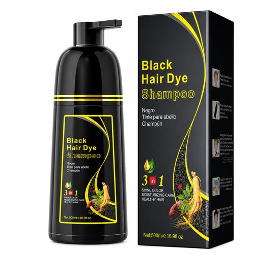 Dexe zwarte haarverf shampoo fles en doos, 500ml, met ginkgo en ginseng ingrediënten.