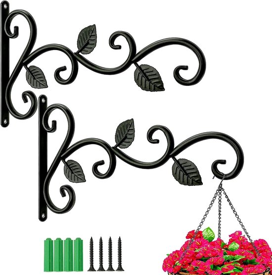 2 stuks hangmand beugels - Retro tuinhaak - wandhaak - decoratieve planten beugels - Tuin ijzeren haak - Plantenhanger voor buiten - voor het ophangen van bloempotten , lantaarns , windgongen , straatlantaarns - 30*18.5 cm - zwart