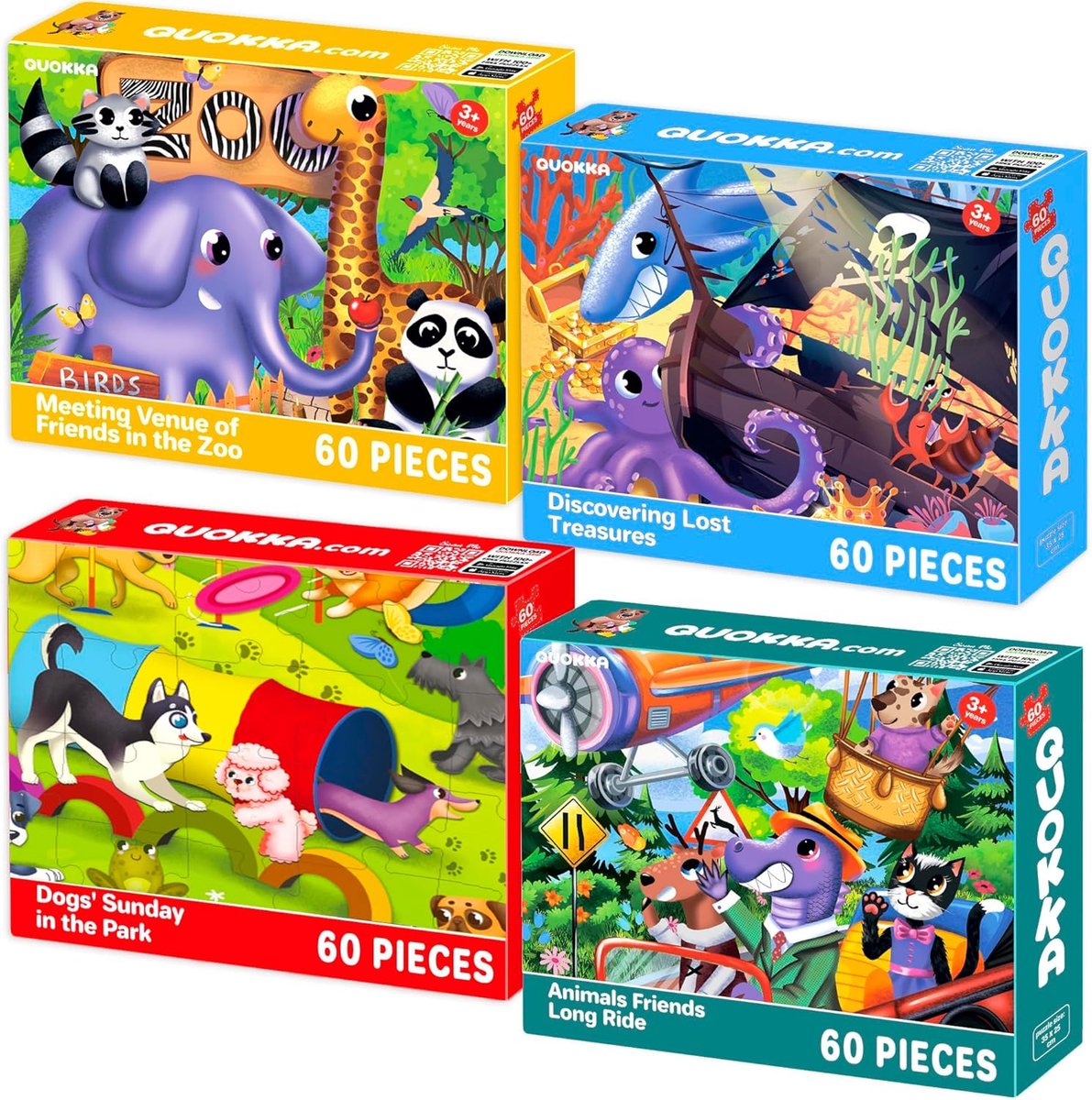 Kinderpuzzels 4 Pack - Legpuzzels Met Kader - Educatief Spel - 4 Verschillende Thema's - 4x60 Stukjes - Dierentuindieren