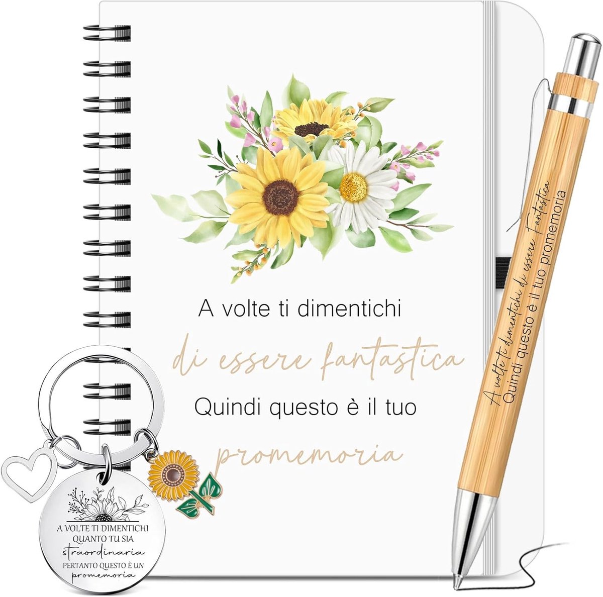 Sinmoe Set Inspirational Gifts A6 Italian Motivational Notebook Sunflower Keychain Ballpoint Pen Spiral Notebook with - ShopVlot