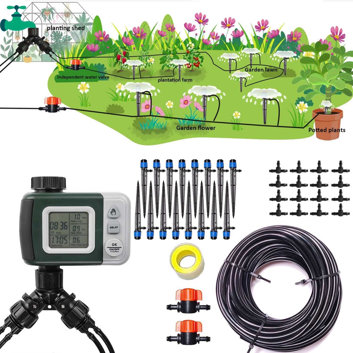 Druppelirrigatieset - Automatisch systeem - Planten water geven - Met watertimer - 20 m slang - Zwart