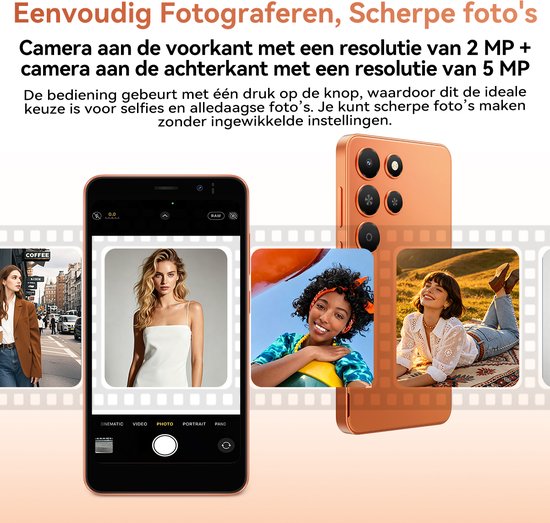 Twee oranje smartphones met camera's, naast foto's genomen met een 5 MP camera.