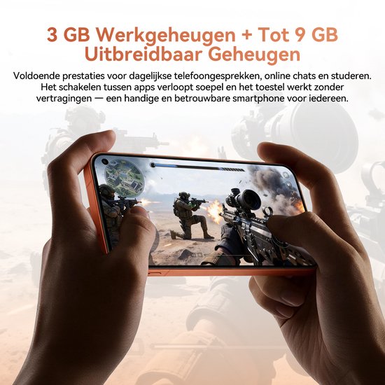Hands showing an orange smartphone playing a game, displaying 3GB RAM + 9GB extended memory.