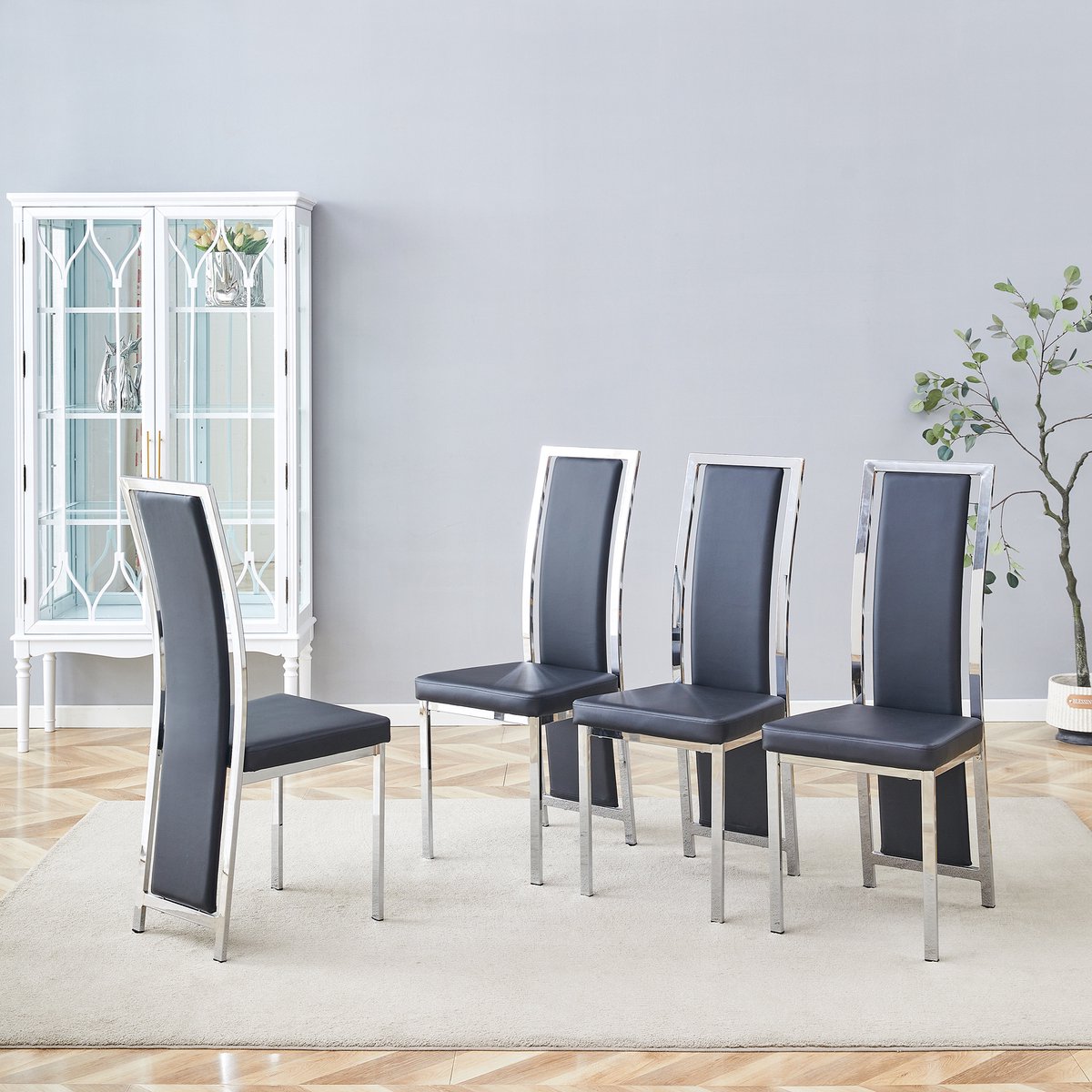 Clruro Eetkamerstoel Set - 109 cm - Minimalistisch met Zilverrand - PU-Leer + Metaal - Zwart/Zilver