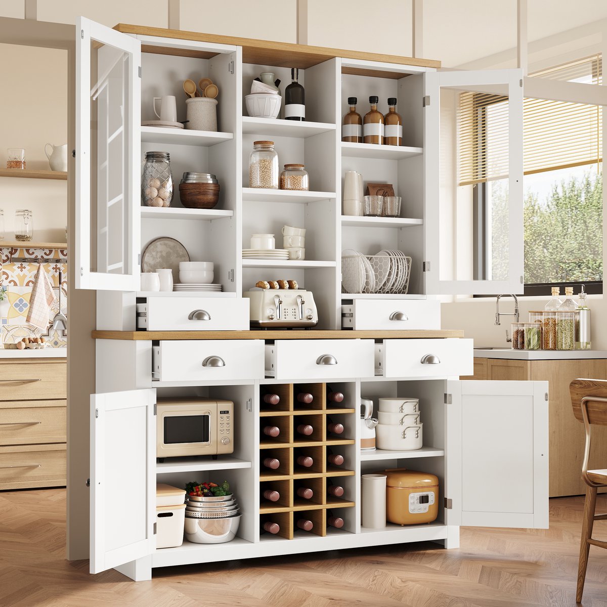 Hoge kast - met kantelbeveiliging - keukenkast - met glazen deur en softclose-functie - afneembare wijnrek - wit
