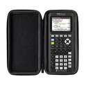 Zwarte TI-84 Plus CE-T Python Edition rekenmachine in een open zwarte etui.