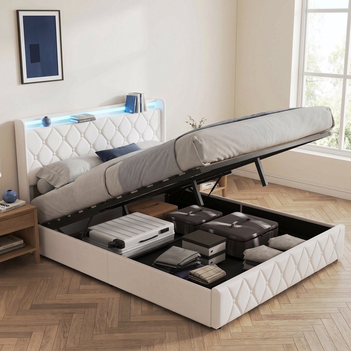 Opbergbed 140x200 cm - Gestoffeerd Tweepersoonsbed met RGB LED - Hoofdbord met plank en USB - Fluwelen - Modern - Beige