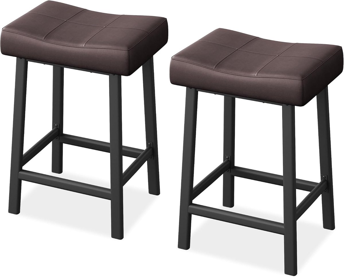 Triumpunpre Moderne zadelbarkrukken set van 2 stuks – 61 cm aanrechthoogte, zonder rugleuning, bekleed met kunstleer, metalen potten en voetsteun, eenvoudig te monteren voor keukeneiland en eetaanrecht zwart+bruin