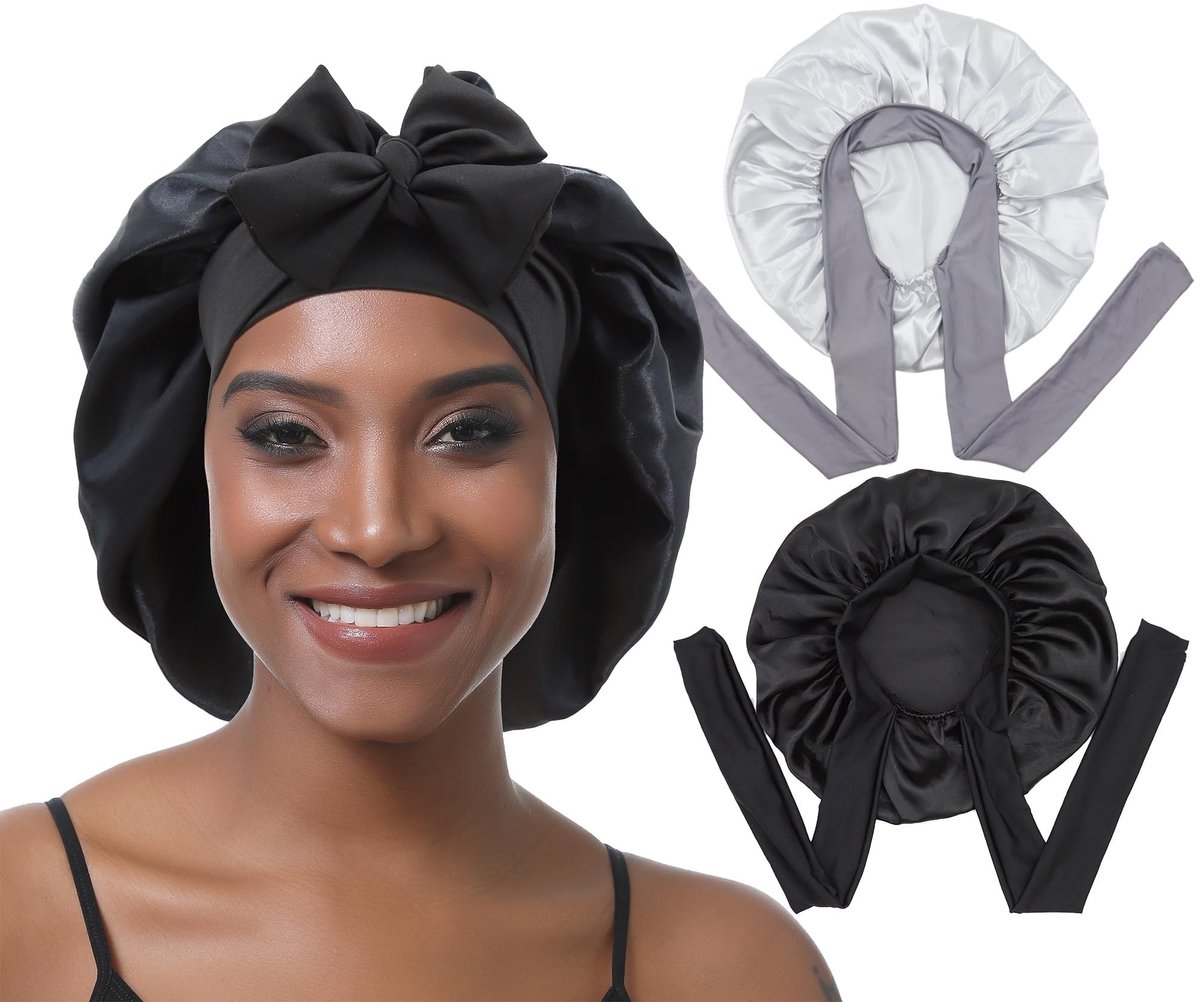 Dailygoods- Slaapmuts Satijn - 2 Stuks - Verstelbare Band - Voor Dames - Krullend Haar - Zacht en Huidvriendelijk - Haarbonnet