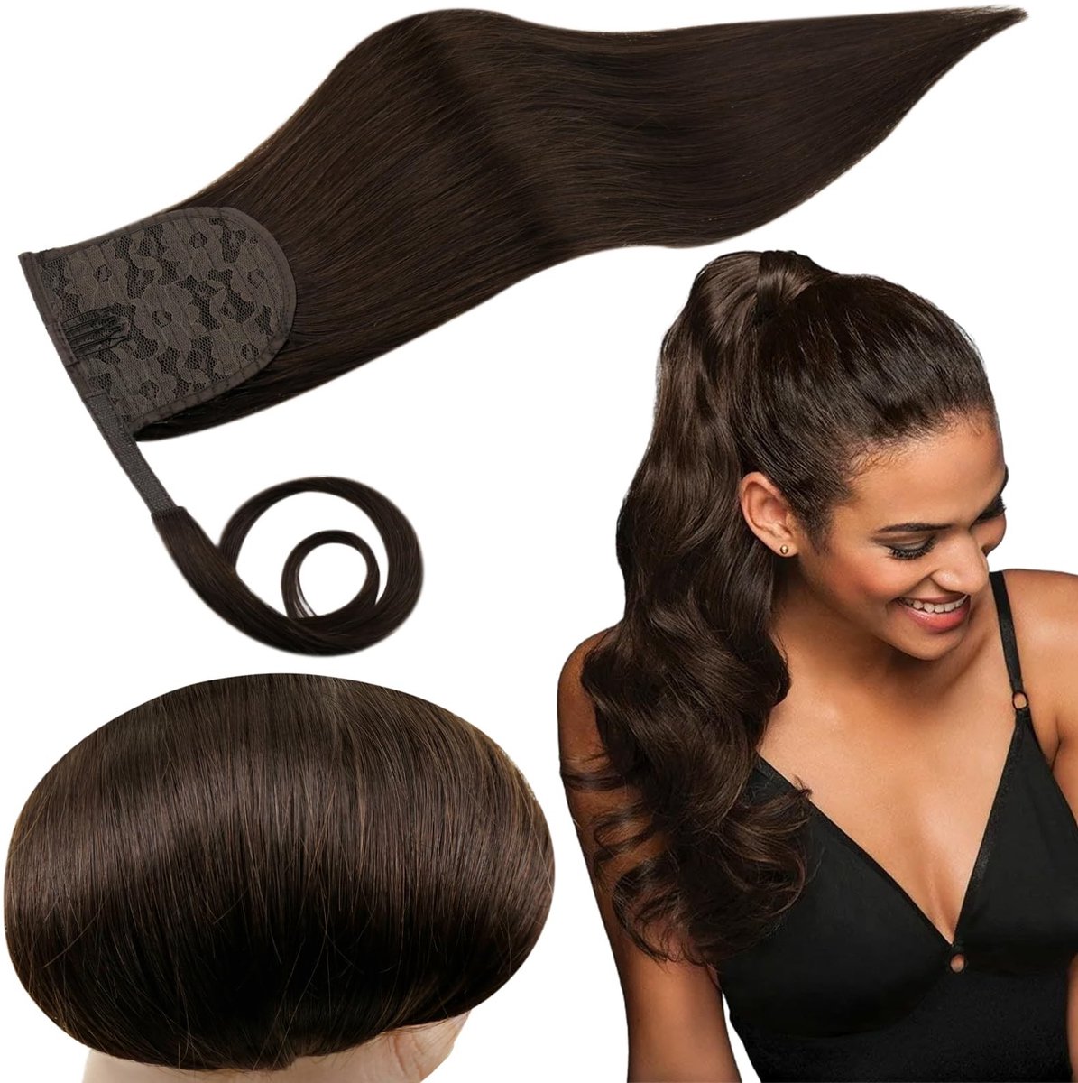 Dailygoods- Paardenstaart Extension 40cm - Menselijk Haar - Vlecht - Donkerste Bruin - 80g - Hoogwaardige Kwaliteit - Haarextensions