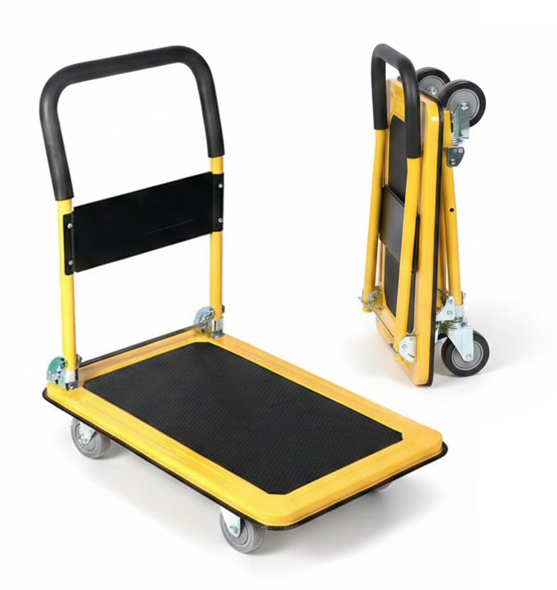 Plateauwagen 300kg - Opvouwbaar - Steekwagens & Transportwagen - 90x60cm - Heavy Duty Platformwagen Staal - Magazijnwagen met Anti-slip & Duwstang - Trolley voor Verhuizing, Garage, Bagage & Pakketten - Handwagen met 12cm Wielen