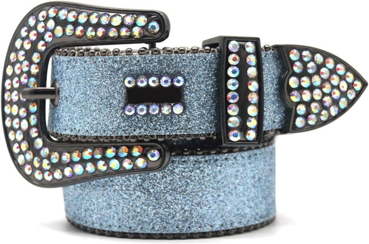 Strass Riem - Glitter Riem Dames - Mode Accessoire - Blauwe Glitter Details - 125 cm - Blauw