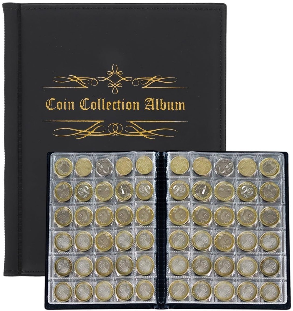 Dailygoods- Muntenalbum Grote Capaciteit - Munthouder - Munten Verzamelmap - Opslag voor Munten - 480 Vakken - Zwarte Kunstleren Cover - Muntenverzamelboek