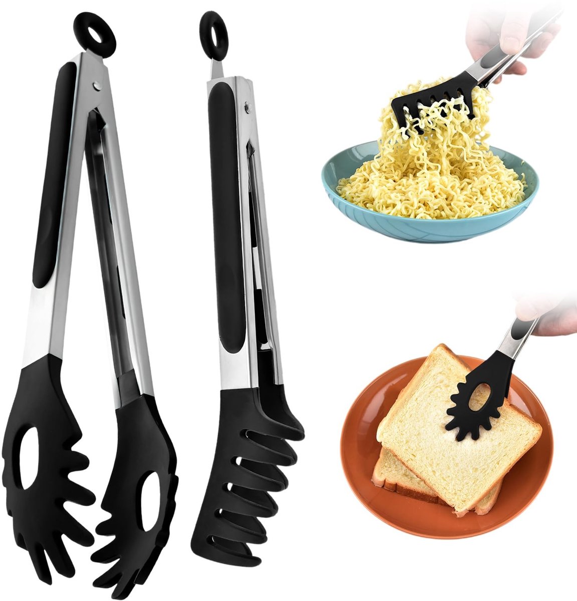 Dailygoods- Kooktang Hittebestendig - Keukentang RVS - Siliconen Serveertang - Spaghettitang - 2 Stuks - Keuken Bakgereedschap