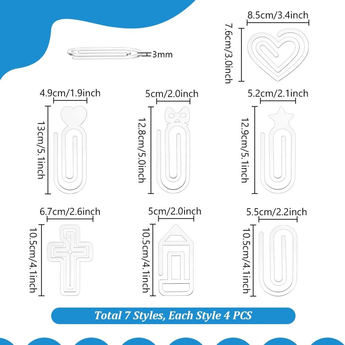 Dailygoods- Paperclips 28 Stuks - Transparante Acryl - 7 Stijlen - Kantoor Benodigdheden - Thuis DIY Ambachten - Perfect voor Organiseren - Kantoorbenodigdheden