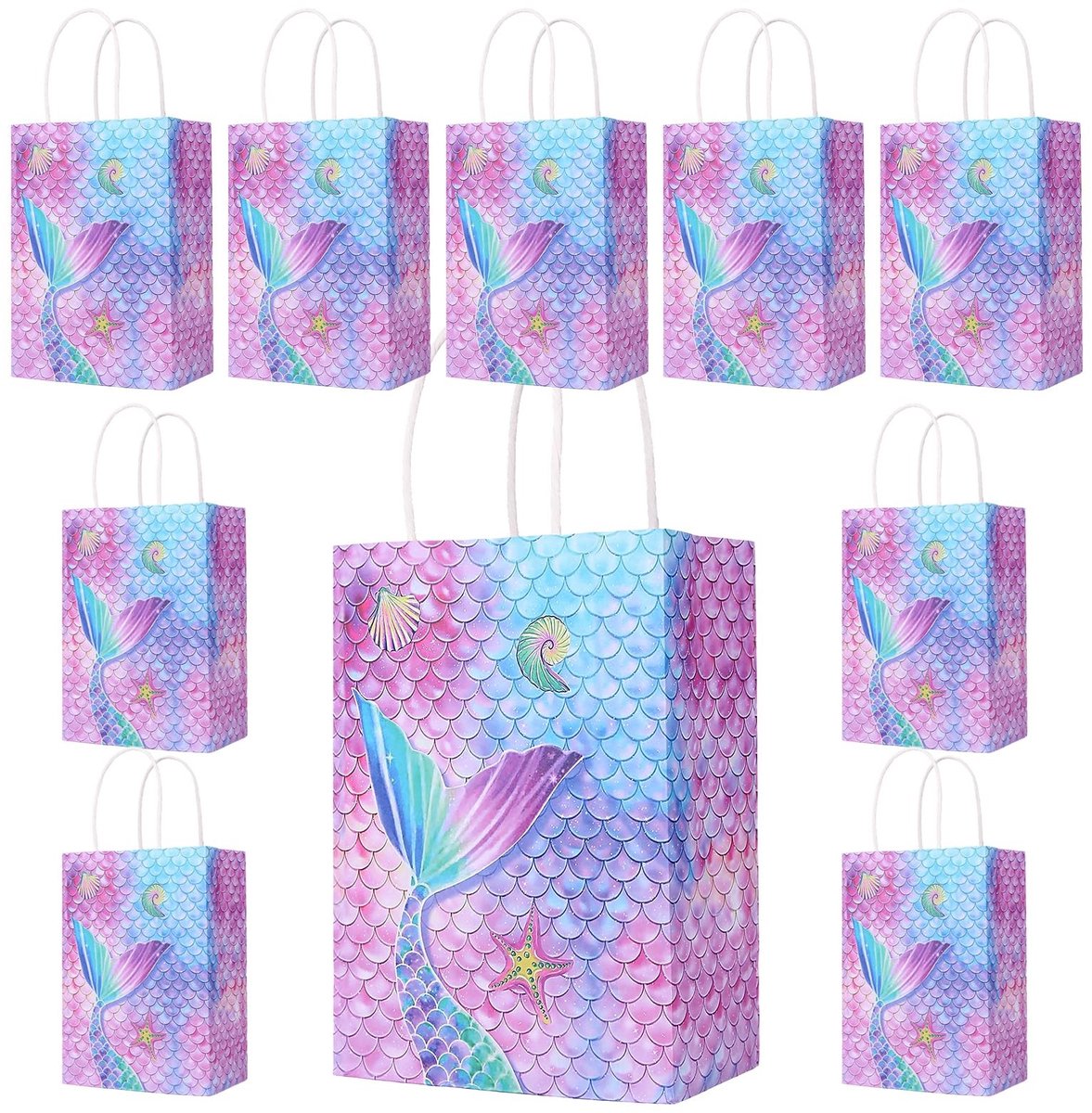 Dailygoods - 10 stuks Zeemeermin cadeauzakjes – Kleurrijke papieren zakjes met handvat voor kinderverjaardagen, meisjesfeest tassen, gastgeschenkzakjes voor cadeautjes & decoratie