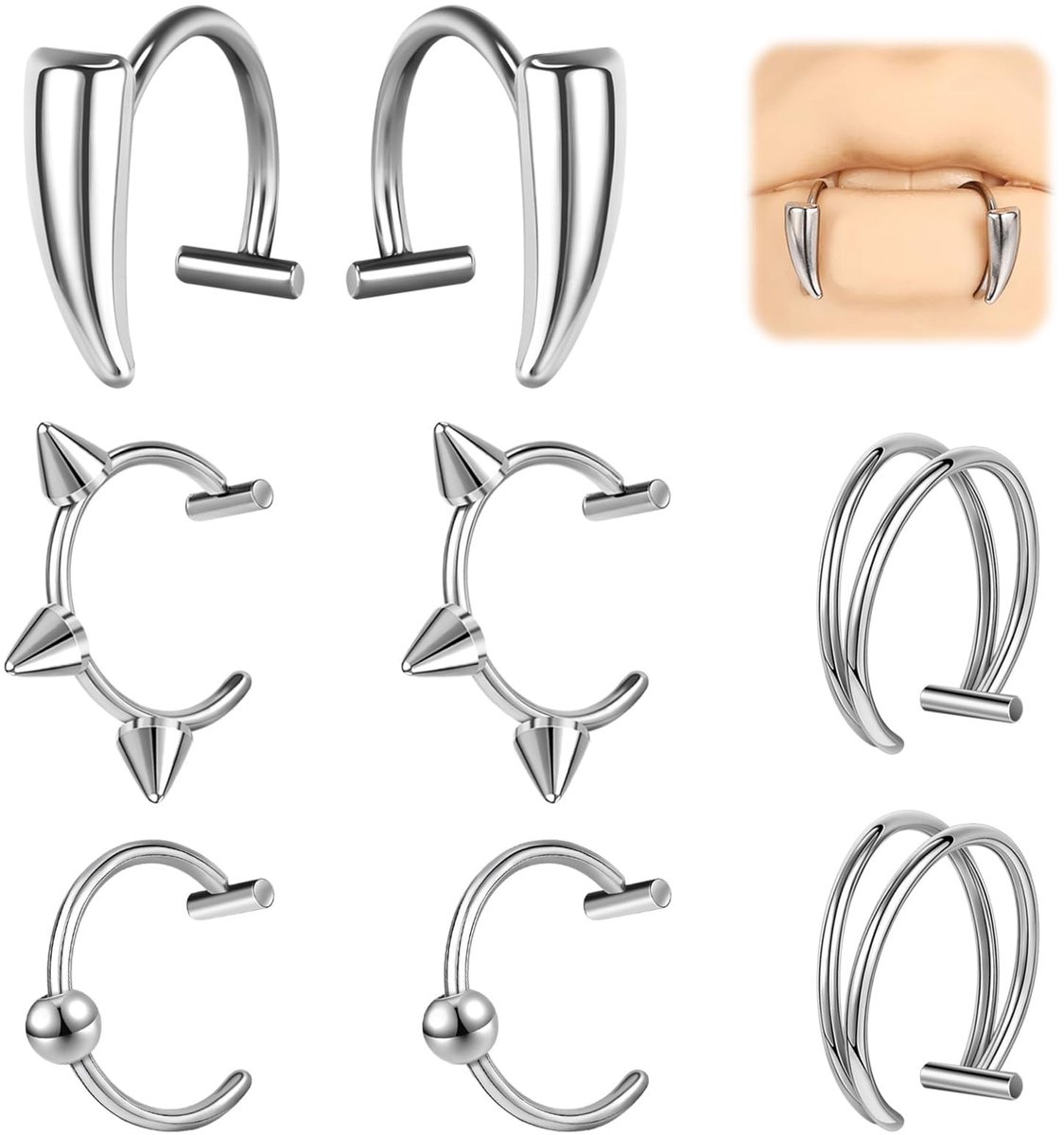Dailygoods- Neppiercingset 8-delig - Roestvrij Stalen Neuspiercingsring - Fake Lippiercing - Nep Neusring - Septum - Hypoallergeen, Pijnvrij - Neppiercings