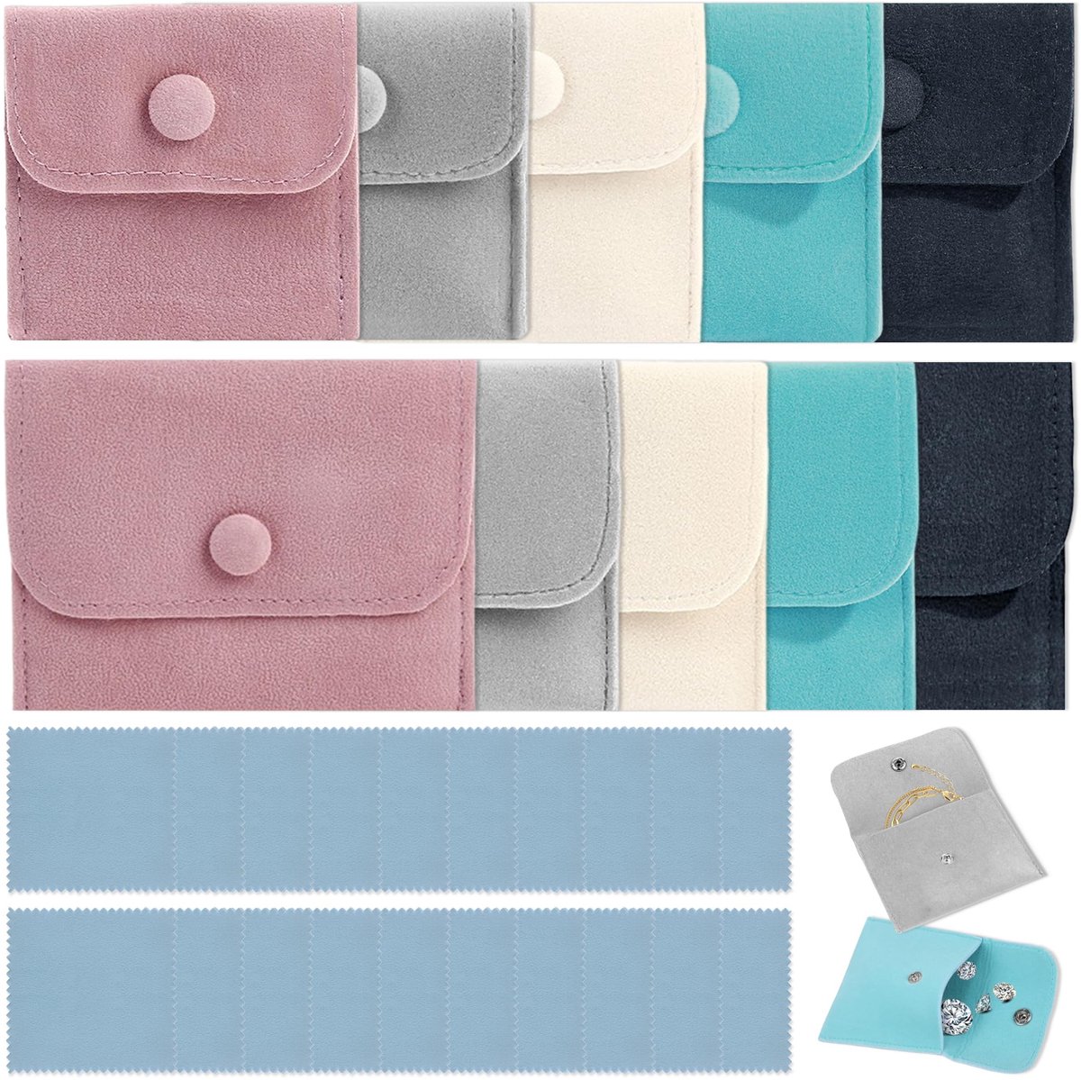 Dailygoods- Sieradenzakje 10 Stuks - Fluwelen Zakjes - Drukknoop - Sieradenpoetsdoekjes - Elegant - Ruime Inhoud