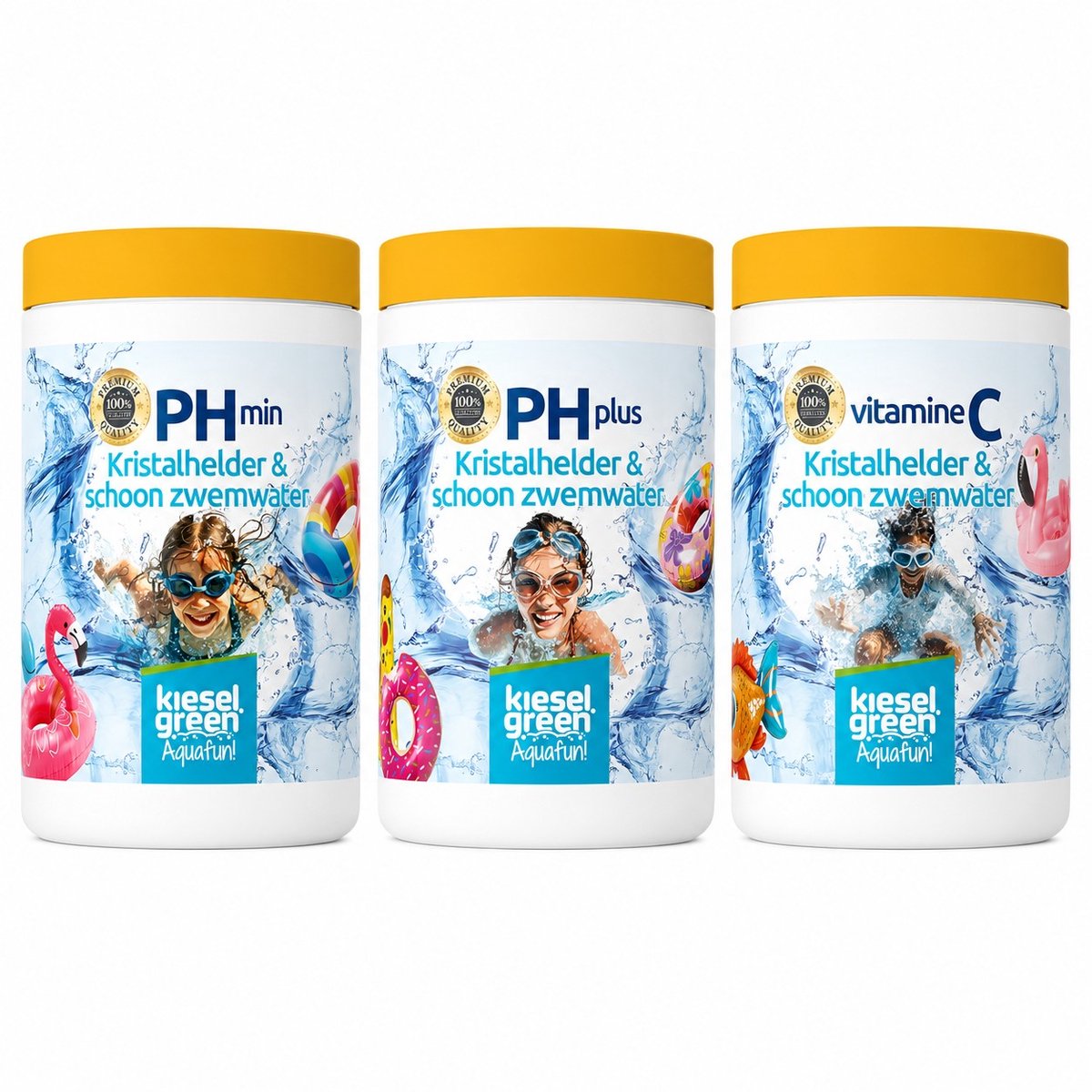 KieselGreen Zwembad Onderhoudsset 3-delig – pH Plus 1 kg + pH Min 1 kg + Vitamine C 1 kg – Complete Startset voor Kristalhelder Zwembadwater