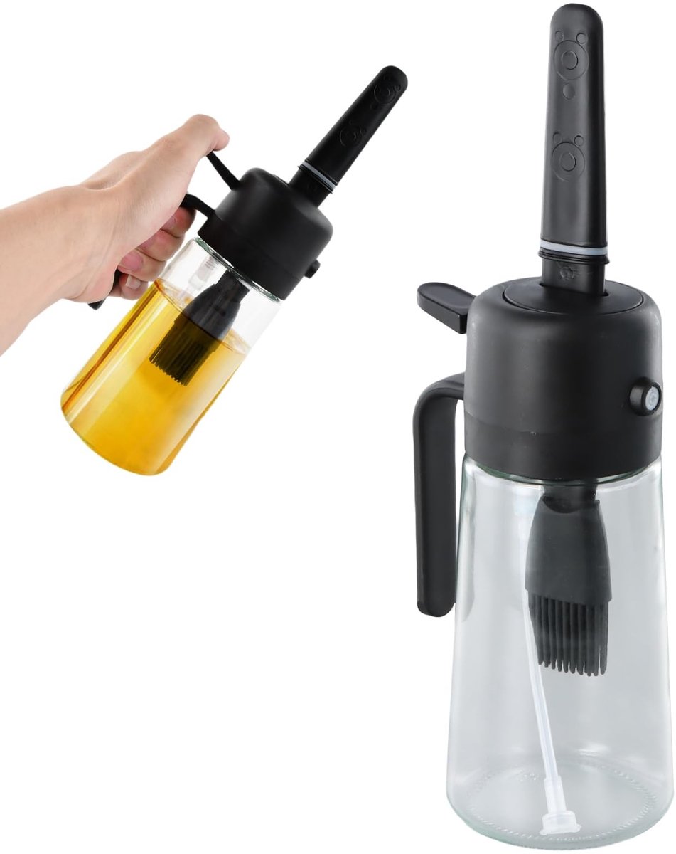 Dailygoods - Oliefles met kwast, 2-in-1 glazen oliefles voor de keuken, 470 ml oliespray voor luchtfriteuse, oliespuit voor luchtfriteuse, oliespuit met kwasten voor de keuken