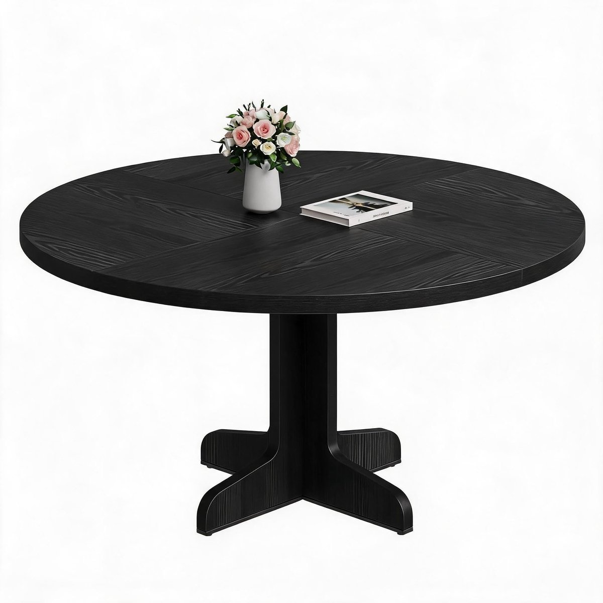 Ronde Eettafel 120 cm - Massief Houten Tafelblad Zwart - Gebogen Metalen Poten - Eetkamertafel voor 4-6 Personen - Moderne Ronde Keukentafel
