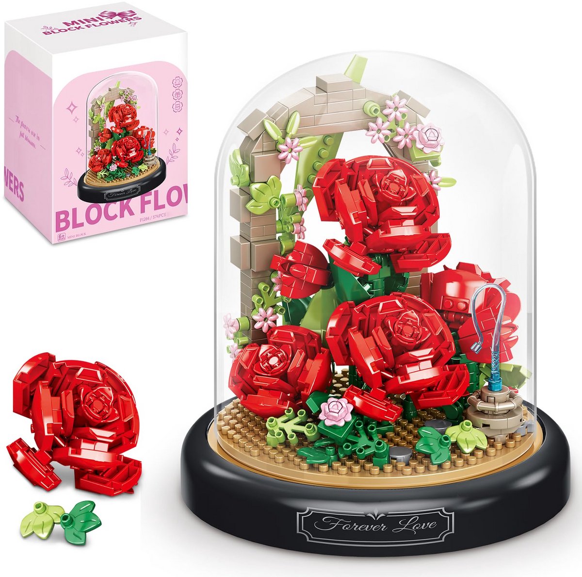 VONKELIOS®Mini Botanische Kunstrozenboeket in Glazen Stolp | Volwassen Bouwset, Interieurdecoratie & Cadeau voor Kerst, Oudjaar en Nieuwjaar