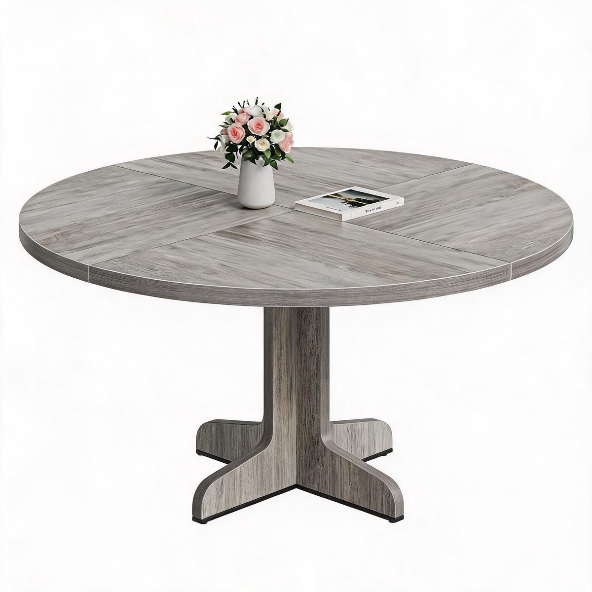 Ronde Eettafel 120 cm - Massief Houten Tafelblad - Gebogen Metalen Poten - Grijs Houtkleur - Eetkamertafel voor 4-6 Personen